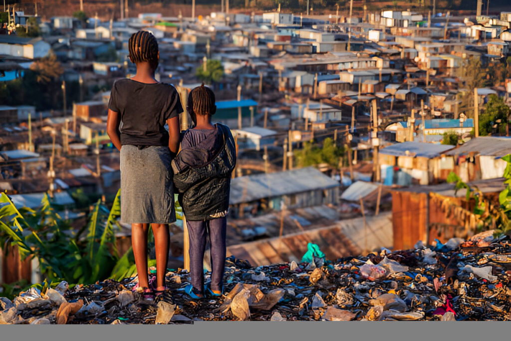 African little girls standing in trash and looking at houses in Kibera slum, Kenya, East Africa. Kibera is the largest slum in Nairobi, the largest urban slum in Africa, and the third largest in the world