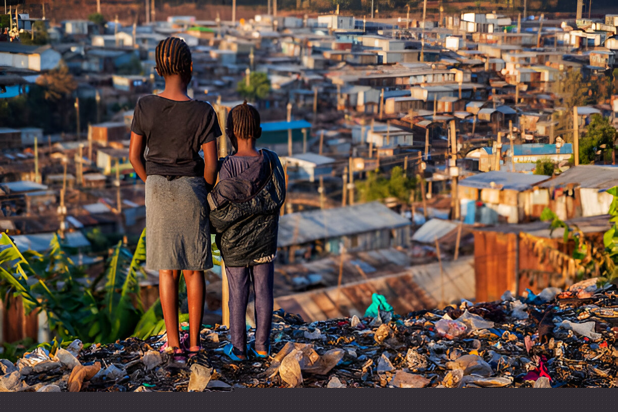 African little girls standing in trash and looking at houses in Kibera slum, Kenya, East Africa. Kibera is the largest slum in Nairobi, the largest urban slum in Africa, and the third largest in the world